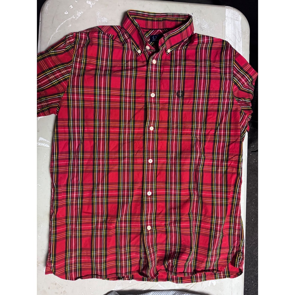 Plaid Button Down Shirt Short Sleeve Casual Top Red Plaid Size L